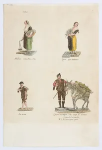 Plate 4: four street vendors from Madrid selling Albillas, radishes, carbon, from 'Los Gritos de Madrid' (The Cries of Madrid)
