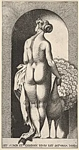 Plate 4: Juno standing in a niche, viewed from behind, stroking a peacock to her right, from "Mythological Gods and Goddesses" by Giovanni Jacopo Caraglio|Rosso Fiorentino