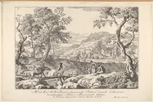 Plate 4: landscape with man leading a pack horse across a wooden bridge, three figures in right foreground, the silhouette of a man standing at a fence beyond, from 'Landscapes'