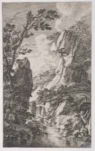 Plate 4: two fishermen on the bank of a stream at right, a waterfall at center, from 'Landscapes in the manner of Salvator Rosa' (Die Landschaften in Sal. Rosa's)