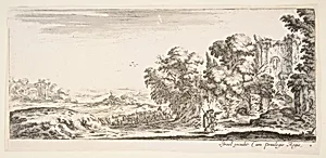 Plate 4: two pilgrims observing ruins to right, one pointing towards the right, a shepherd and a herd of cattle in center background, from 'Various landscapes' (Divers paysages) by Stefano della Bella|Israël Henriet|Louis de Bourbon duc d'Anguien