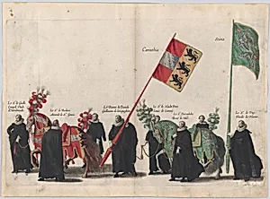 Plate 44: Men with heraldic flags and horses from Carinthia and Styria marching in the funeral procession of Archduke Albert of Austria; from 'Pompa Funebris ... Alberti Pii' by Jacques Francquart|Cornelis Galle I