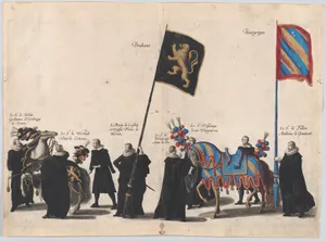 Plate 45: Men with heraldic flags and horses from the House of Brabant and Burgundy marching in the funeral procession of Archduke Albert of Austria; from 'Pompa Funebris ... Alberti Pii'