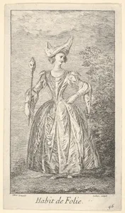 Plate 46: Habit de Folie: a woman in a ballet pose, wearing a bonnet and holding a marotte in her right hand, from 'New designs for costumes' (Nouveaux desseins d'habillements à l'usage des balets operas et comedies)