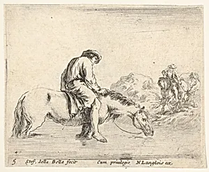 Plate 5: a barefoot peasant on horseback crossing a river, another peasant on horseback and leading a horse on a bank to right in the background, from 'Diversi capricci' by Stefano della Bella|Nicolas Langlois