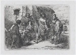 Plate 5: a drunk and dishevelled man dancing in the street surrounded by a group of onlookers, from the series of customs and pastimes of the Spanish people