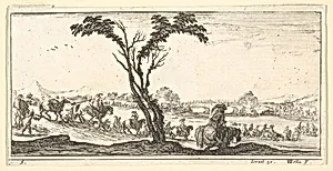 Plate 5: a procession of horsemen crossing a river, a tree at center, from 'Troops, cannons, and attacks on towns' (Dessins de quelques conduites de troupes, canons, et ataques de villes) by Stefano della Bella|Israël Henriet