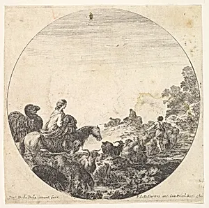 Plate 5: a woman carrying a child on a horse to left, a camel following her, a herd of goats, sheep, and a shepherd in front of her to right, a round composition, from 'Roman landscapes and ruins' (Paysages et ruines de Rome) by Stefano della Bella|François Langlois
