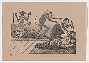 Plate 5: A woman pouring lead into the ear of her sleeping husband by José Guadalupe Posada