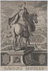Plate 5: equestrian statue of Claudius, seen from behind, a naval competition at right in the background, from 'Roman Emperors on Horseback'