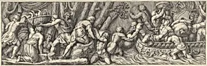 Plate 5: figures unloading goods from a boat at the right by Pietro Santi Bartoli|Polidoro da Caravaggio|Giovanni Giacomo De Rossi