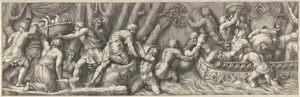 Plate 5: figures unloading goods from a boat at the right