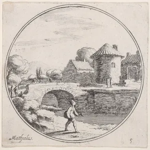 Plate 5: man walking with fishing pole at center, a bridge and village in the background