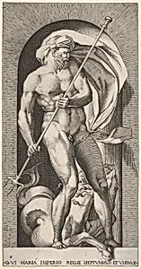Plate 5: Neptune standing in a niche holding a trident, with a hippocampus (sea-horse) behind him, from "Mythological Gods and Goddesses" by Giovanni Jacopo Caraglio|Rosso Fiorentino