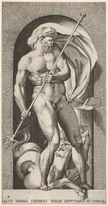 Plate 5: Neptune standing in a niche holding a trident, with a hippocampus (sea-horse) behind him, from a series of gods and goddesses