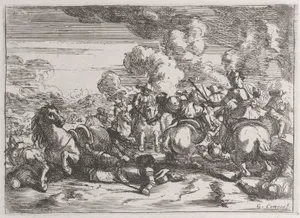 Plate 5: the wounded chief commander lies on the ground, while the battle goes on at right
