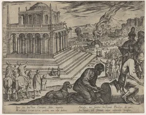Plate 5: Tomb of Mausolus, stone masons make a column at the right, from The Seven Wonders of the World