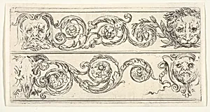 Plate 5: two friezes; at top, a grotesque head of an old man to left, a lion head to right, at bottom, a ram skull to left, a grotesque head of a man to right, from 'Friezes, foliage, and grotesques' (Frises, feuillages et grotesques) by Stefano della Bella