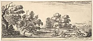 Plate 5: two horsemen in a stream to right, riding towards the left, following four dogs chasing a stag, another dog running into the water from the left, from 'Various landscapes' (Divers paysages) by Stefano della Bella|Israël Henriet