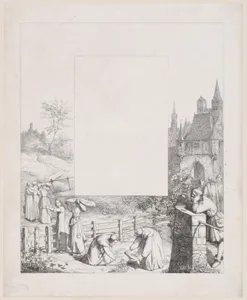 Plate 5: women collecting plants and carrying them over their heads, a male onlooker at right and a castle at right in the background, from "Lieder eines Malers mit Randzeichnungen seiner Freunde"