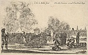 Plate 6: A battery of cannons firing on a town, from 'Various Military Caprices' (Varii capricci militari) by Stefano della Bella|François Langlois