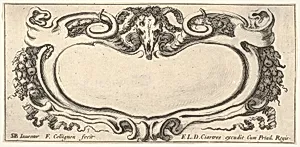 Plate 6: a cartouche with a ram skull at top center, grapes and other fruits to either side, from 'Twelve cartouches' (Recueil de douze cartouches) by François Langlois|Stefano della Bella|François Collignon