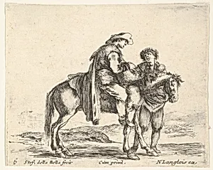 Plate 6: a peasant on horseback in profile facing the right, holding a basket and talking to another man standing behind the horse, from 'Diversi capricci' by Stefano della Bella|Nicolas Langlois