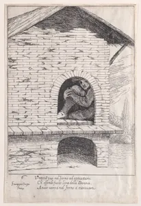 Plate 6: Bertoldo hidden in a furnace, from "Bertoldo, Bertoldino, and Cacasenno"