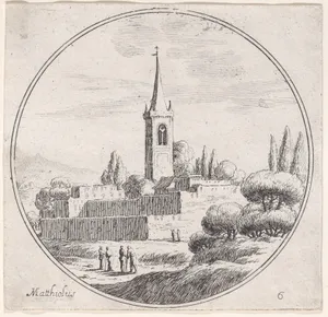 Plate 6: church steeple at center, with groups of people standing in a landscape below