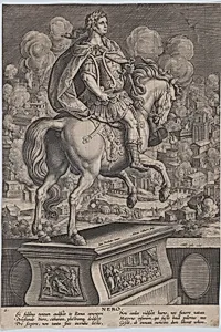 Plate 6: equestrian statue of Nero, seen from behind, the Great Fire of Rome in the background, from 'Roman Emperors on Horseback' by Jan van der Straet, called Stradanus|Philips Galle|Adriaen Collaert