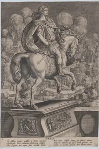 Plate 6: equestrian statue of Nero, seen from behind, the Great Fire of Rome in the background, from 'Roman Emperors on Horseback'