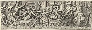 Plate 6: figures in boats decorated with mythological subjects using poles to propel them by Pietro Santi Bartoli|Polidoro da Caravaggio|Giovanni Giacomo De Rossi