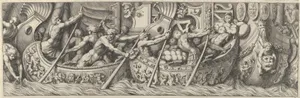 Plate 6: figures in boats decorated with mythological subjects using poles to propel them