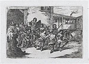Plate 6: people dancing in the street accompanied by musicians, from the series of customs and pastimes of the Spanish people by Francisco Lameyer y Berenguer
