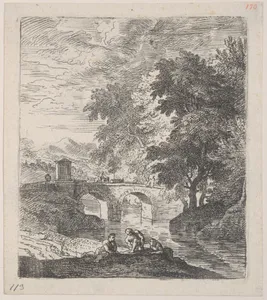 Plate 6: the stone bridge: a shepherd with two cows crossing the bridge, three male figures resting on the riverbank in the foreground, from 'Landscapes in the manner of Gaspar Dughet'