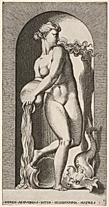 Plate 6: Thetis standing in a niche with a shell and sea creature, pouring water out of a vase, looking to her left, from "Mythological Gods and Goddesses" by Giovanni Jacopo Caraglio|Rosso Fiorentino