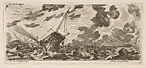 Plate 6: three ships in a storm, from 'Various Embarkations' (Divers embarquements) by Stefano della Bella|Israël Henriet