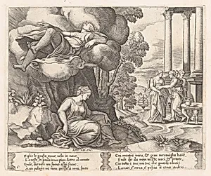 Plate 6: Zephyr carrying Psyche to an enchanted palace, from "The Story of Cupid and Psyche as told by Apuleius" by Master of the Die|Antonio Salamanca|Michiel Coxie (I)
