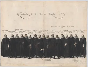 Plate 64: The magistrates of the city of Brussels marching in the funeral procession of Archduke Albert of Austria; from 'Pompa Funebris ... Alberti Pii'