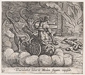 Plate 67: Medea Destroying Jason's Family and Home (Trucidatis liberis Medea fugam capeßit), from Ovid's 'Metamorphoses' by Antonio Tempesta