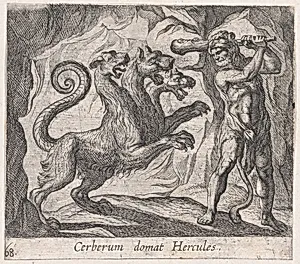 Plate 68: Hercules and Cerberus (Cerberum domat Hercules), from Ovid's 'Metamorphoses' by Antonio Tempesta