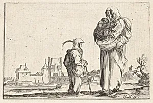 Plate 7: a peasant woman carrying a child to right, speaking to another child standing facing right in center, a castle to left in the background, from 'Caprice faict par de la Bella' by Stefano della Bella|Israël Henriet
