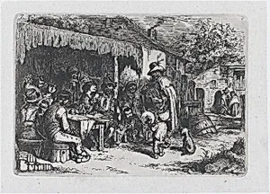 Plate 7: a street musician and a child accomplice playing before a group of seated figures , from the series of customs and pastimes of the Spanish people by Francisco Lameyer y Berenguer