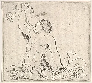 Plate 7: a triton in the water, facing left, holding up an eel in his right hand and two other eels underwater in his left hand, from 'Second collection of various doodles and etching proofs' (Second recueil de divers griffonnements et preuves d'eauforte) by Stefano della Bella