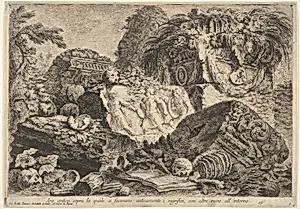Plate 7: 'Ancient altar on which sacrifices were performed in antiquity, surrounded by other ruins' (Ara antica sopra la quale si facevano anticamente i sagrifizi, con altre ruine all' intorno), from the series 'Part one of architecture and perspectives: drawn and etched by Gio. Batt'a Piranesi, Venetian Architect: dedicated to Nicola Giobbe' (Prima parte di Architetture, e prospettive inventate, ed incise da Gio. Batt'a Piranesi Architetto Veneziano dedicate al Sig. Nicola Giobbe) by Giovanni Battista Piranesi