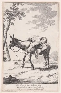 Plate 7: Bertoldino lying on a donkey, from "Bertoldo, Bertoldino, and Cacasenno"