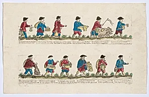 Plate 7 depicting the trades of Rome, here including vendors of books, chestnuts, portraits etc, from the 'Descrición de las artes que se llaman para los calles de la ciudad de Roma' by Giovanni Ambrogio Brambilla|Remondini