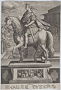 Plate 7: equestrian statue of Galba, in profile to the left, with a beheading scene in the background, from 'Roman Emperors on Horseback' by Jan van der Straet, called Stradanus|Adriaen Collaert|Philips Galle