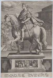 Plate 7: equestrian statue of Galba, in profile to the left, with a beheading scene in the background, from 'Roman Emperors on Horseback'