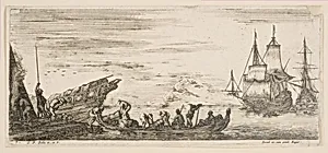 Plate 7: merchandise loaded onto a boat, two galleys in the background to right, from 'Various Embarkations' (Divers embarquements) by Stefano della Bella|Israël Henriet